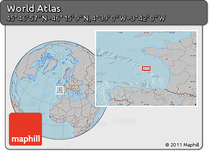 Gray Location Map of the Area around 46° 1' 3" N, 4° 10' 30" W, hill shading