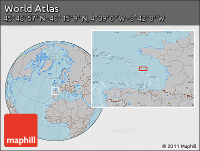 Gray Location Map of the Area around 46° 1' 3" N, 4° 10' 30" W, hill shading