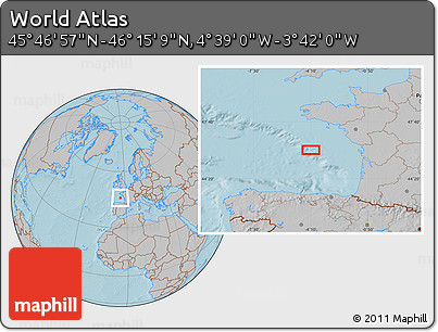 Gray Location Map of the Area around 46° 1' 3" N, 4° 10' 30" W, hill shading