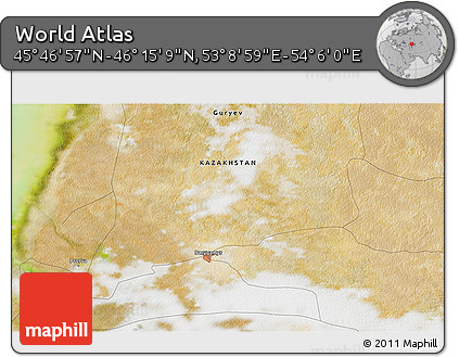 Satellite 3D Map of the Area around 46° 1' 3" N, 53° 37' 30" E