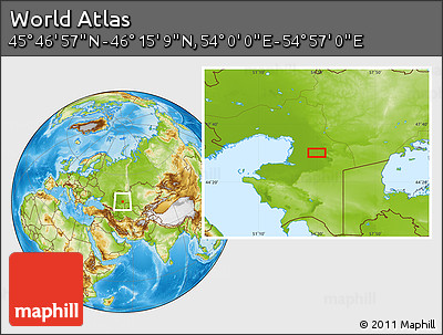 Physical Location Map of the Area around 46° 1' 3" N, 54° 28' 30" E