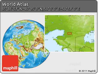 Physical Location Map of the Area around 46° 1' 3" N, 54° 28' 30" E