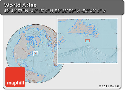 Gray Location Map of the Area around 46° 1' 3" N, 55° 10' 29" W, hill shading
