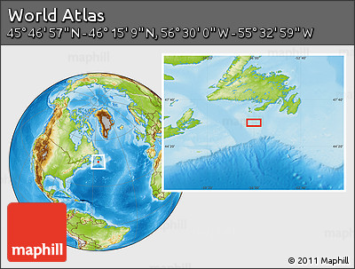 Physical Location Map of the Area around 46° 1' 3" N, 56° 1' 29" W