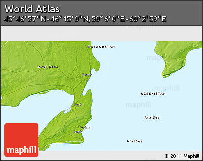 Physical 3D Map of the Area around 46° 1' 3" N, 59° 34' 30" E