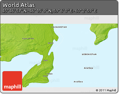 Physical 3D Map of the Area around 46° 1' 3" N, 59° 34' 30" E