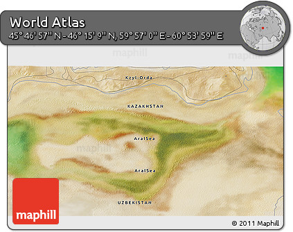 Satellite 3D Map of the Area around 46° 1' 3" N, 60° 25' 29" E