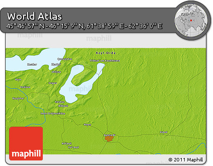 Physical 3D Map of the Area around 46° 1' 3" N, 62° 7' 30" E