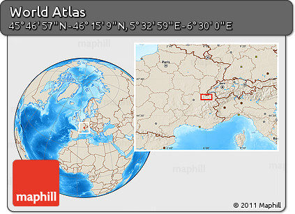 Shaded Relief Location Map of the Area around 46° 1' 3" N, 6° 1' 30" E