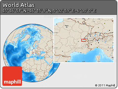 Shaded Relief Location Map of the Area around 46° 1' 3" N, 6° 1' 30" E