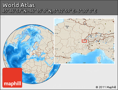 Shaded Relief Location Map of the Area around 46° 1' 3" N, 6° 1' 30" E