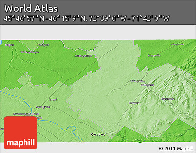 Political 3D Map of the Area around 46° 1' 3" N, 72° 10' 30" W
