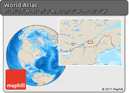 Shaded Relief Location Map of the Area around 46° 1' 3" N, 72° 10' 30" W