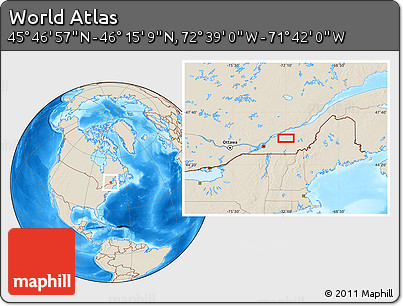 Shaded Relief Location Map of the Area around 46° 1' 3" N, 72° 10' 30" W