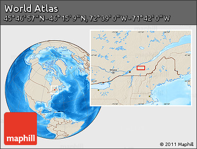 Shaded Relief Location Map of the Area around 46° 1' 3" N, 72° 10' 30" W