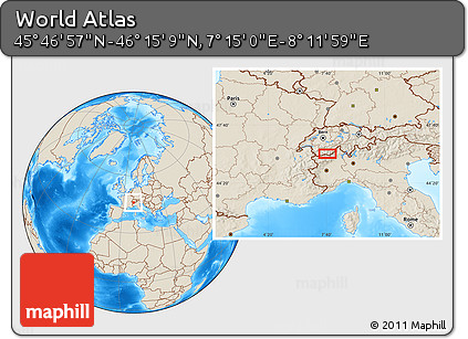 Shaded Relief Location Map of the Area around 46° 1' 3" N, 7° 43' 29" E