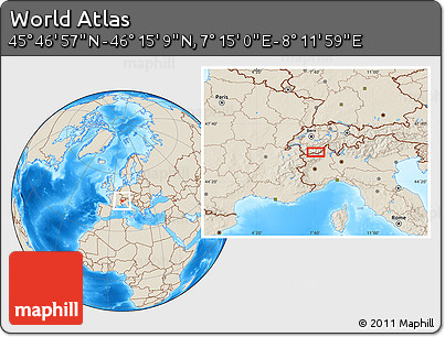 Shaded Relief Location Map of the Area around 46° 1' 3" N, 7° 43' 29" E