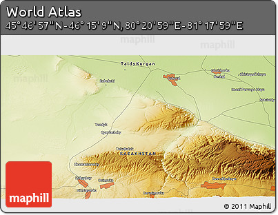 Physical 3D Map of the Area around 46° 1' 3" N, 80° 49' 29" E