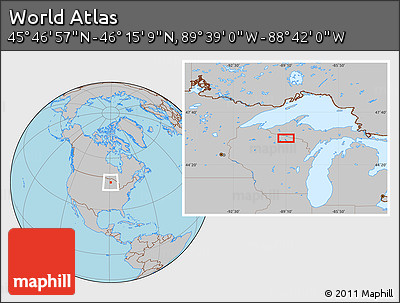 Gray Location Map of the Area around 46° 1' 3" N, 89° 10' 30" W