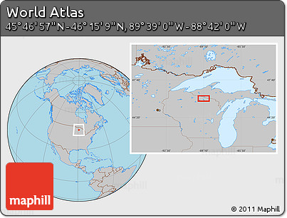 Gray Location Map of the Area around 46° 1' 3" N, 89° 10' 30" W