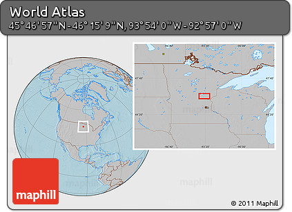 Gray Location Map of the Area around 46° 1' 3" N, 93° 25' 30" W, hill shading