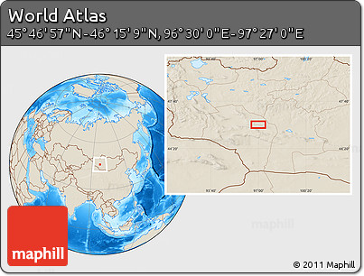 Shaded Relief Location Map of the Area around 46° 1' 3" N, 96° 58' 29" E