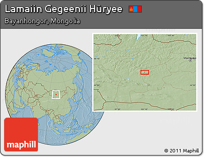Savanna Style Location Map of Lamaiin Gegeenii Hüryee, hill shading