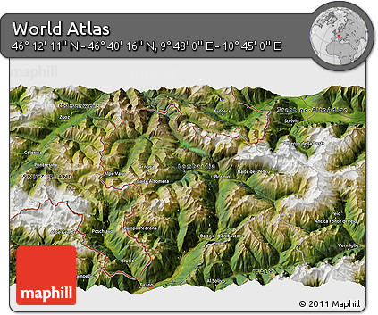 Satellite 3D Map of the Area around 46° 26' 14" N, 10° 16' 30" E