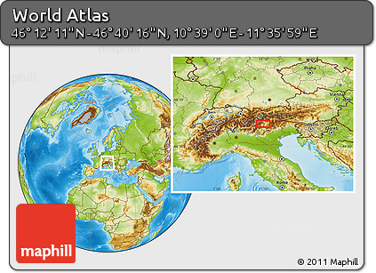 Physical Location Map of the Area around 46° 26' 14" N, 11° 7' 30" E