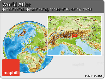 Physical Location Map of the Area around 46° 26' 14" N, 11° 58' 29" E