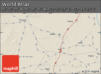 Shaded Relief Map of the Area around 46° 26' 14" N, 123° 19' 29" E