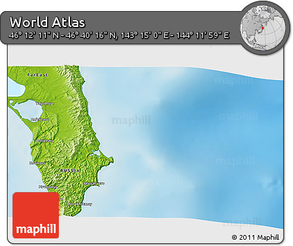 Physical 3D Map of the Area around 46° 26' 14" N, 143° 43' 29" E