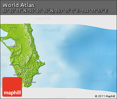Physical 3D Map of the Area around 46° 26' 14" N, 143° 43' 29" E
