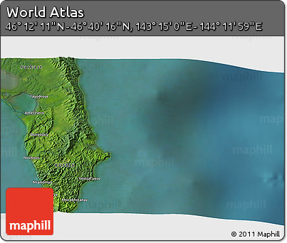 Satellite 3D Map of the Area around 46° 26' 14" N, 143° 43' 29" E