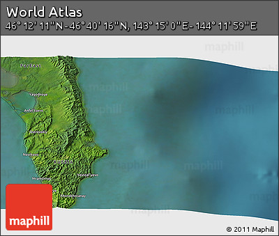 Satellite 3D Map of the Area around 46° 26' 14" N, 143° 43' 29" E