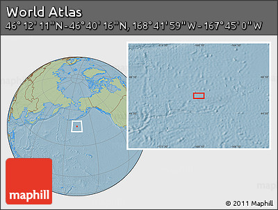 Savanna Style Location Map of the Area around 46° 26' 14" N, 168° 13' 29" W, hill shading