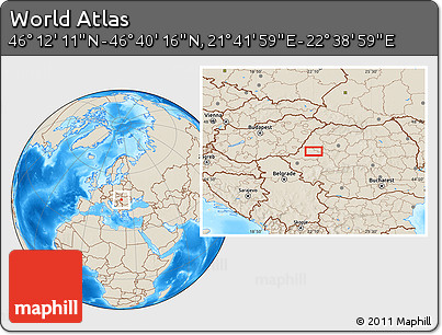 Shaded Relief Location Map of the Area around 46° 26' 14" N, 22° 10' 29" E