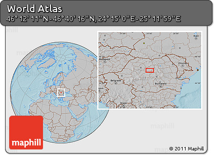 Gray Location Map of the Area around 46° 26' 14" N, 24° 43' 30" E, hill shading