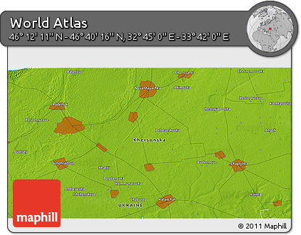 Physical 3D Map of the Area around 46° 26' 14" N, 33° 13' 30" E
