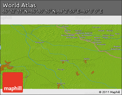 Physical 3D Map of the Area around 46° 26' 14" N, 48° 31' 29" E
