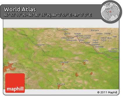 Satellite 3D Map of the Area around 46° 26' 14" N, 48° 31' 29" E