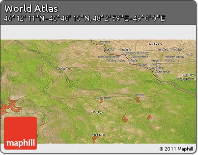 Satellite 3D Map of the Area around 46° 26' 14" N, 48° 31' 29" E