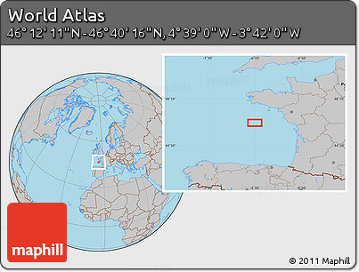 Gray Location Map of the Area around 46° 26' 14" N, 4° 10' 30" W