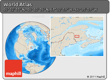 Shaded Relief Location Map of the Area around 46° 26' 14" N, 67° 4' 29" W