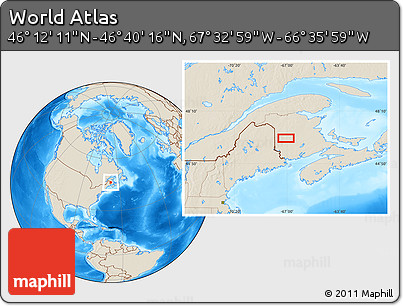 Shaded Relief Location Map of the Area around 46° 26' 14" N, 67° 4' 29" W
