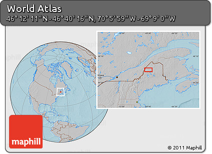 Gray Location Map of the Area around 46° 26' 14" N, 69° 37' 30" W, hill shading