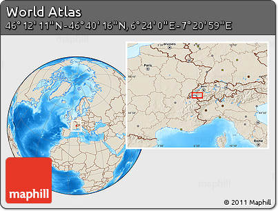 Shaded Relief Location Map of the Area around 46° 26' 14" N, 6° 52' 30" E