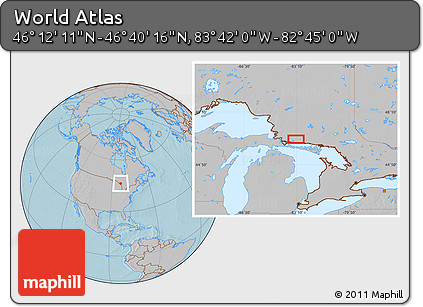 Gray Location Map of the Area around 46° 26' 14" N, 83° 13' 29" W, hill shading