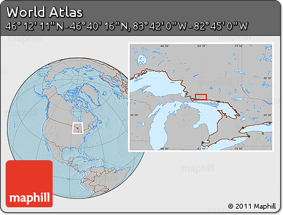 Gray Location Map of the Area around 46° 26' 14" N, 83° 13' 29" W, hill shading