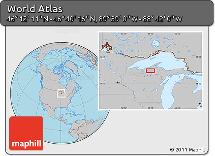 Gray Location Map of the Area around 46° 26' 14" N, 89° 10' 30" W